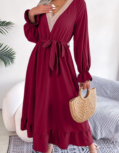Load image into Gallery viewer, Contrast Belted Flounce Sleeve Dress
