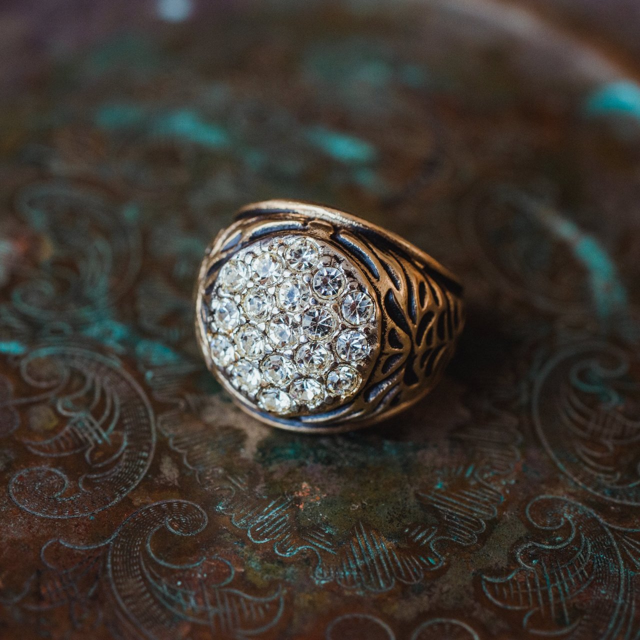 Vintage Men's Ring Clear Austrian Crystals 18k White or Yellow Gold Electroplated Made in USA by PVD Vintage Jewelry