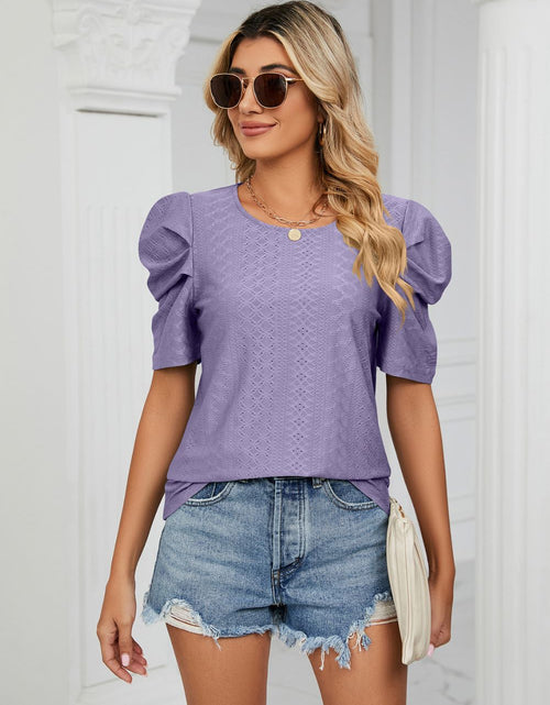 Load image into Gallery viewer, Eyelet Puff Sleeve Round Neck Blouse
