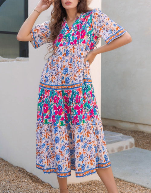 Load image into Gallery viewer, Mixed Floral Print Tie Neck Short Sleeve Dress
