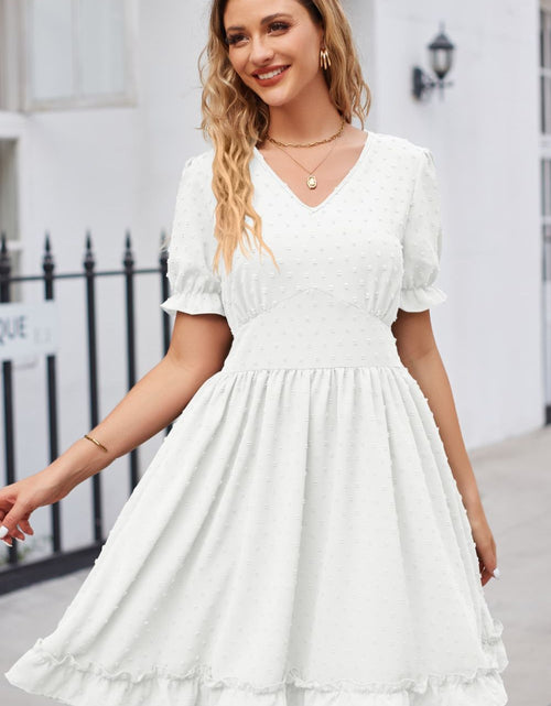 Load image into Gallery viewer, Swiss Dot Frill Trim Flounce Sleeve V-Neck Dress
