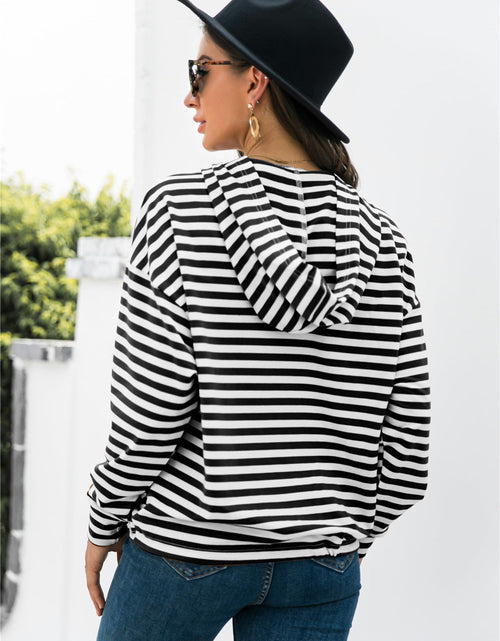 Load image into Gallery viewer, Striped Half-Button Dropped Shoulder Hoodie
