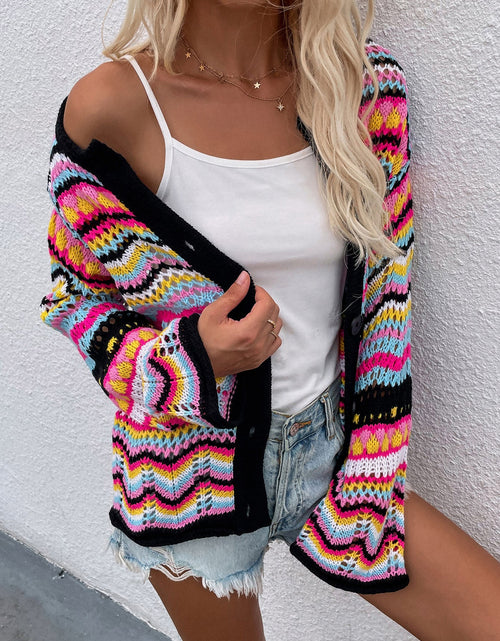 Load image into Gallery viewer, Chevron Stripes Openwork Cardigan
