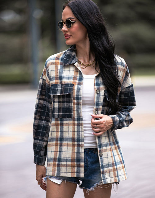 Load image into Gallery viewer, Shiny Plaid Dropped Shoulder Shacket
