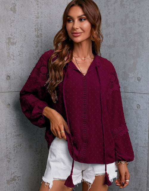 Load image into Gallery viewer, Crochet Tassel Tie Neck Long Sleeve Blouse
