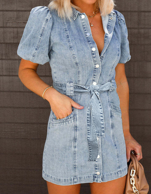 Load image into Gallery viewer, Puff Sleeve Button Up Mini Denim Dress
