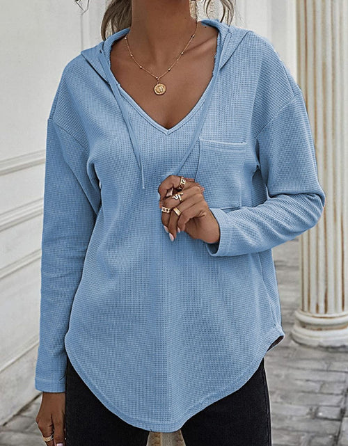 Load image into Gallery viewer, Drawstring Waffle Knit Long Sleeve Hooded Top
