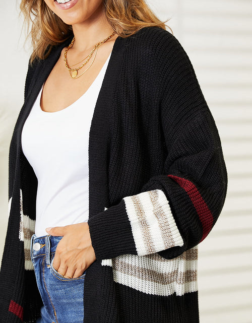 Load image into Gallery viewer, Perfee Striped Rib-Knit Drop Shoulder Open Front Cardigan
