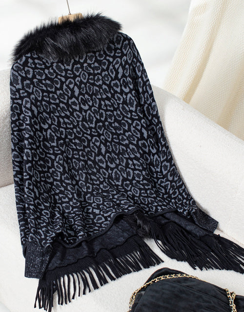 Load image into Gallery viewer, Fringe Leopard Open Front Long Sleeve Poncho
