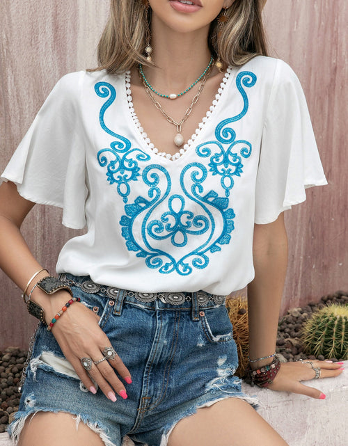 Load image into Gallery viewer, Graphic V-Neck Flutter Sleeve T-Shirt
