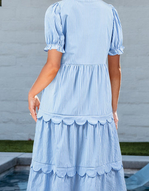 Load image into Gallery viewer, Stripe Bubble Short Sleeve Tiered Scallop Midi Dress
