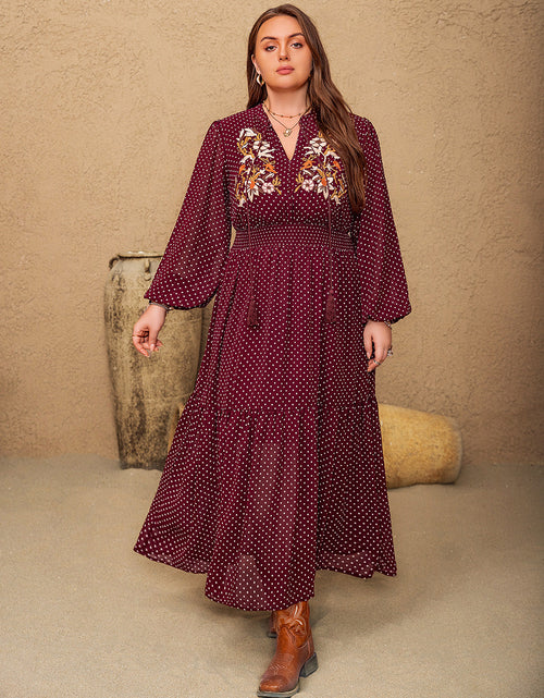 Load image into Gallery viewer, Plus Size Embroidered Polka Dot Tie Neck Long Sleeve Midi Dress
