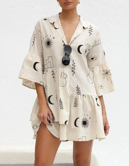 Load image into Gallery viewer, Printed Collared Neck Three-Quarter Sleeve Mini Dress
