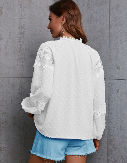 Load image into Gallery viewer, Crochet Tassel Tie Neck Long Sleeve Blouse
