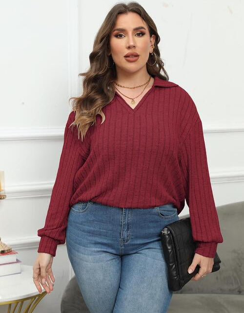 Load image into Gallery viewer, Plus Size Ribbed Collared Neck Long Sleeve Blouse
