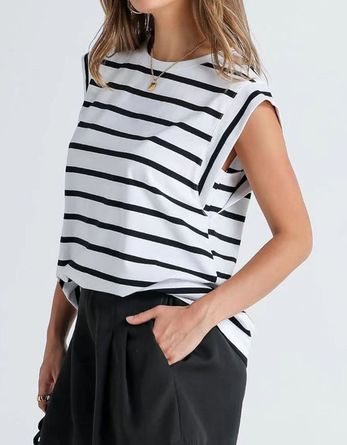 Load image into Gallery viewer, Florira Striped Round Neck Cap Sleeve T-Shirt
