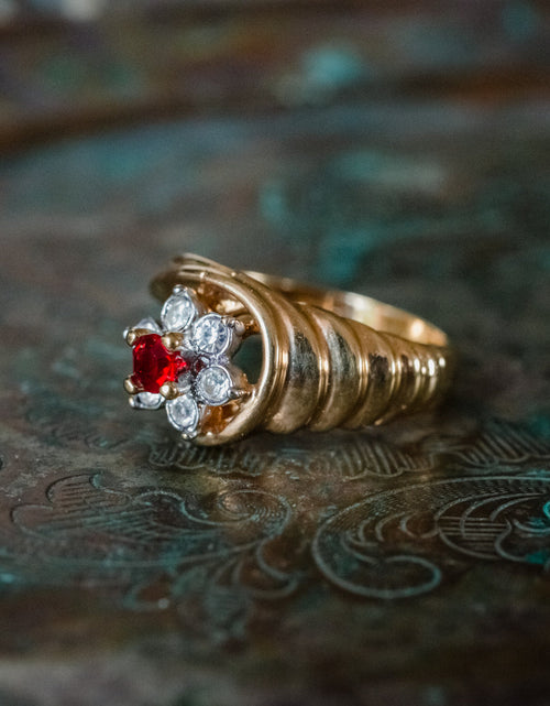 Load image into Gallery viewer, Vintage Ring 1980's Ring Sapphire and Clear Swarovski Crystal 18k Gold Antique Womans Jewelry R2704 by PVD Vintage Jewelry
