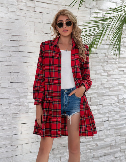 Load image into Gallery viewer, Ruffle Hem Plaid Button Down Long Sleeve Dress
