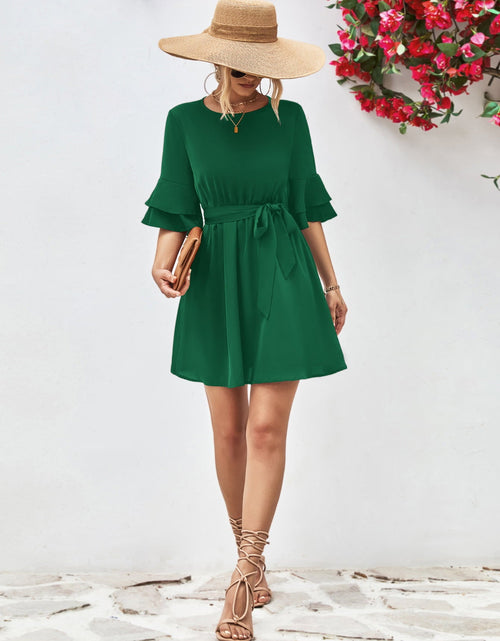 Load image into Gallery viewer, Round Neck Tie Belt Flounce Sleeve Dress
