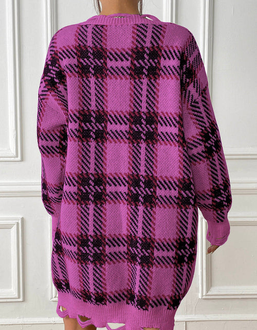 Load image into Gallery viewer, Plaid V-Neck Long Sleeve Sweater Dress

