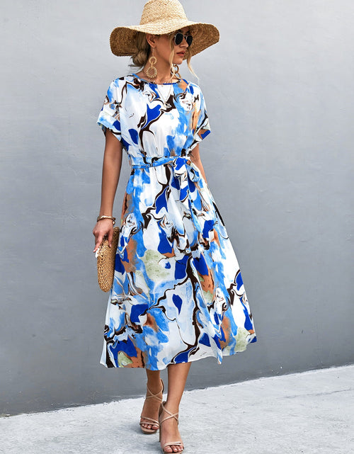 Load image into Gallery viewer, Round Neck Short Sleeve Tie Waist Midi Dress
