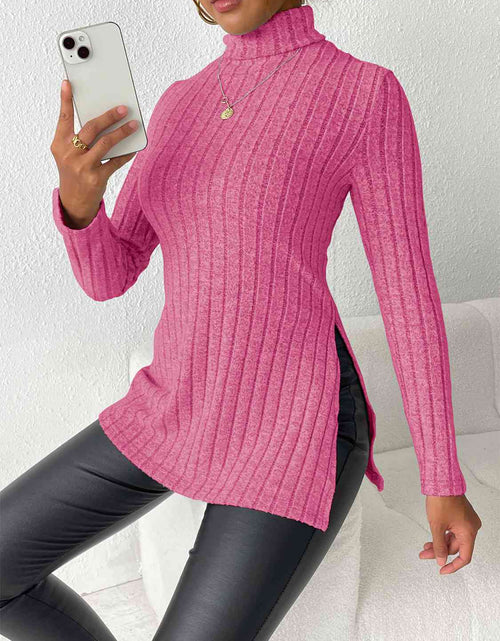 Load image into Gallery viewer, Ribbed Turtleneck Long Sleeve Slit T-Shirt
