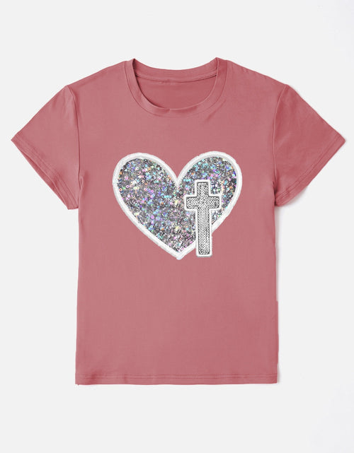 Load image into Gallery viewer, Graphic Heart Round Neck Short Sleeve T-Shirt
