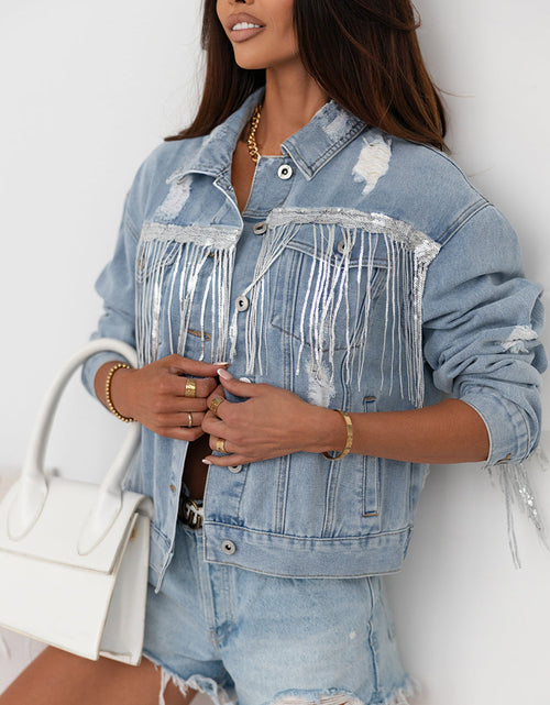 Load image into Gallery viewer, Sequin Fringe Trim Distressed Button Up Denim Jacket
