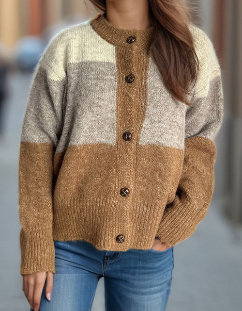 Load image into Gallery viewer, Color Block Round Neck Button Up Cardigan
