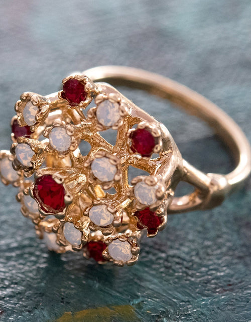 Load image into Gallery viewer, Vintage Ring Ruby Austrian Crystals and Pinfire Opals 18k White Gold Electroplate Made in the USA by PVD Vintage Jewelry
