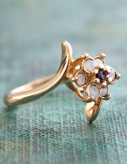 Load image into Gallery viewer, Vintage 1970's Amethyst Crystal and Genuine Pinfire Opal Ring 18kt Yellow Gold Electroplated Ring by PVD Vintage Jewelry
