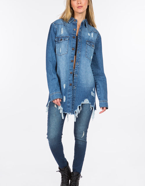 Load image into Gallery viewer, American Bazi Distressed Frayed Hem Denim Jacket

