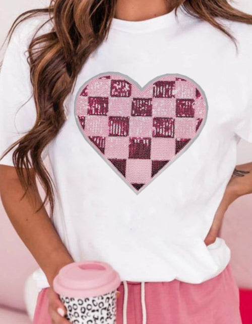 Load image into Gallery viewer, Sequin Checkered Heart Round Neck Short Sleeve T-Shirt
