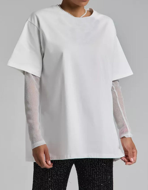 Load image into Gallery viewer, Faux Layered Round Neck Mesh Sleeve Top
