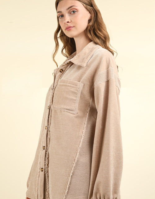 Load image into Gallery viewer, VERY J Mixed Media Button Down Raw Hem Shacket
