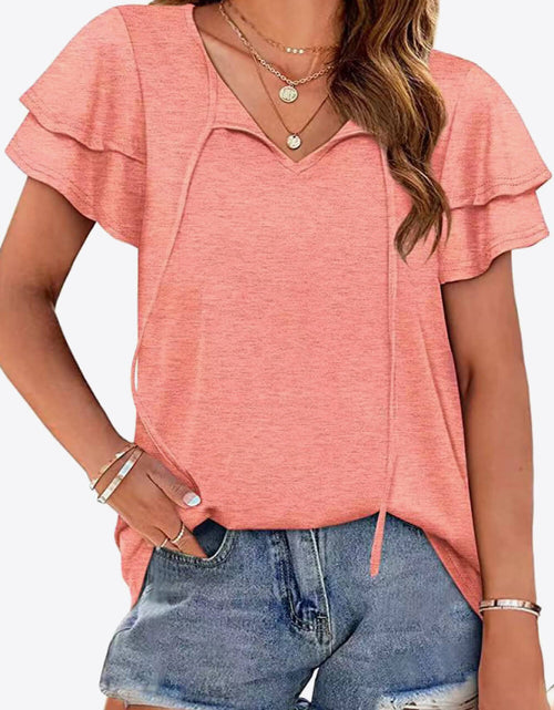 Load image into Gallery viewer, Tie-Neck Layered Flutter Sleeve Blouse
