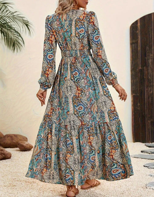 Load image into Gallery viewer, Printed Tie Neck Long Sleeve Maxi Dress
