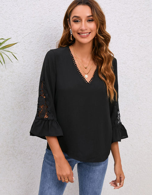 Load image into Gallery viewer, V-Neck Lace Detail Flounce Sleeve Blouse
