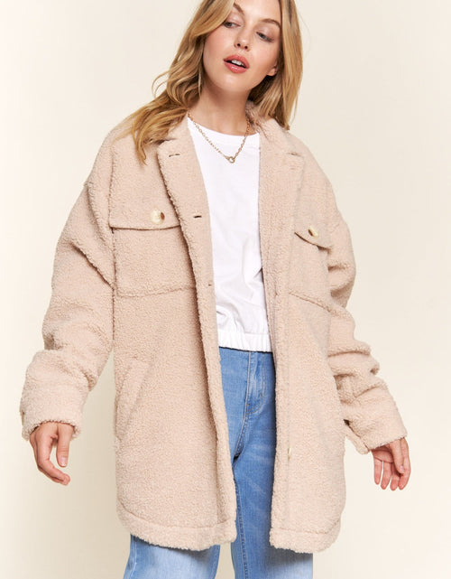 Load image into Gallery viewer, And The Why Teddy Sherpa Button Down Curved Hem Shacket
