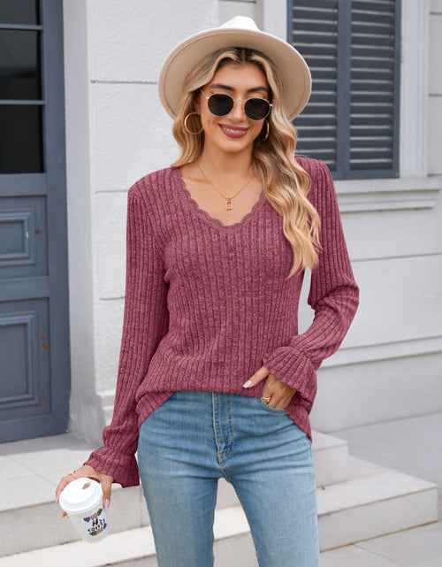 Load image into Gallery viewer, Lace Detail V-Neck Long Sleeve T-Shirt
