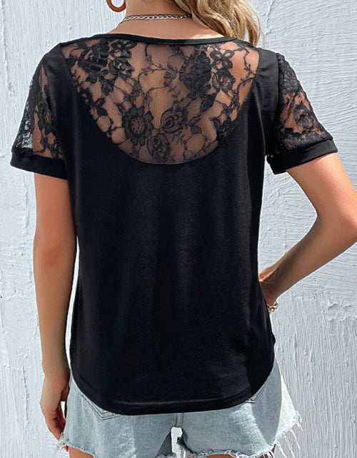Load image into Gallery viewer, Perfee Spliced Lace Round Neck Short Sleeve Top
