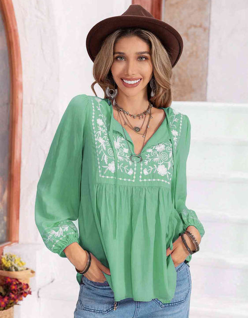 Load image into Gallery viewer, Floral Tie Neck Balloon Sleeve Blouse
