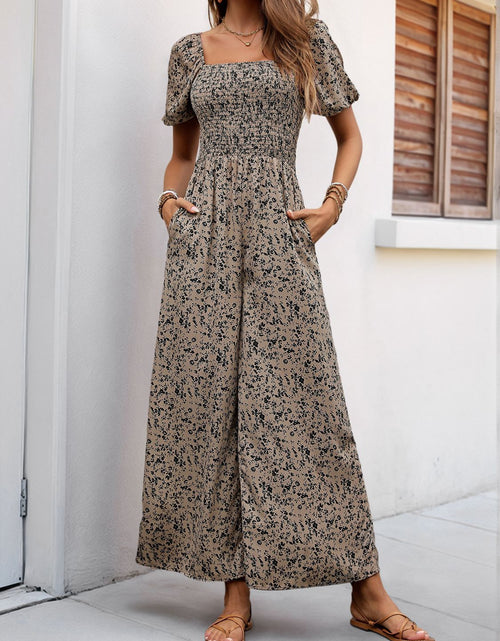 Load image into Gallery viewer, Perfee Smocked Printed Square Neck Puff Sleeve Jumpsuit
