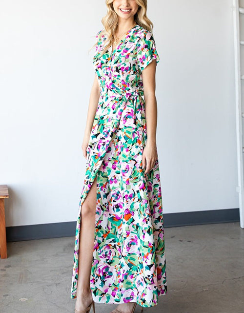 Load image into Gallery viewer, First Love Slit Printed Surplice Tie Waist Short Sleeve Dress
