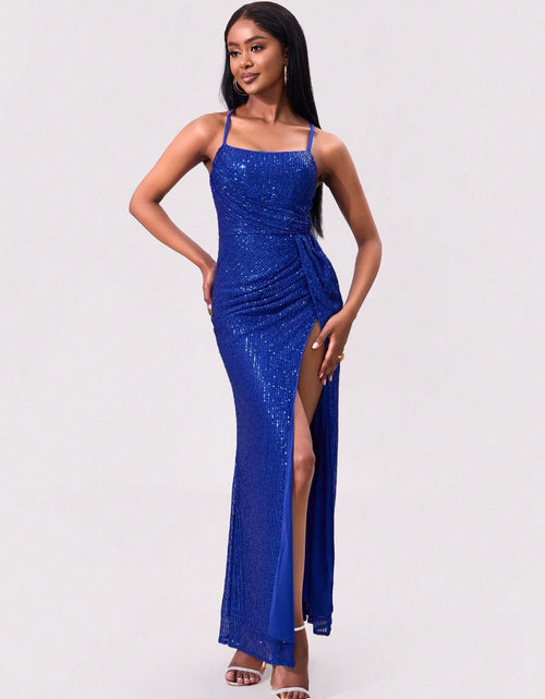 Load image into Gallery viewer, Slit Sequin Square Neck Spaghetti Strap Dress
