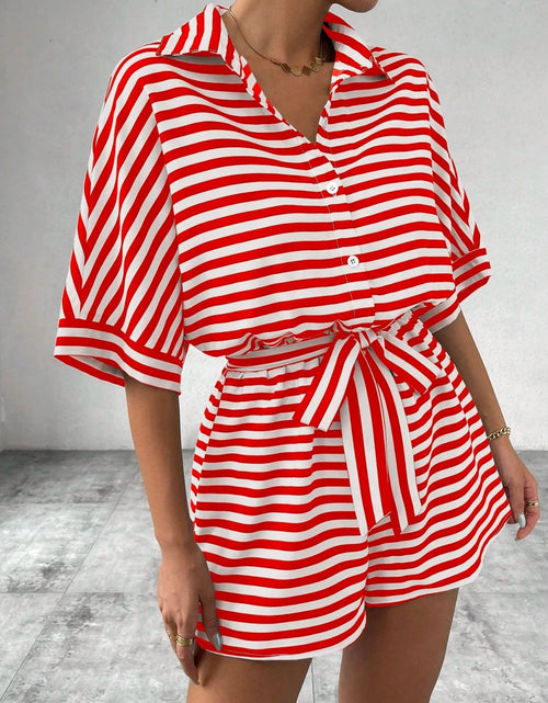 Load image into Gallery viewer, Tie Waist Half Button Striped Romper

