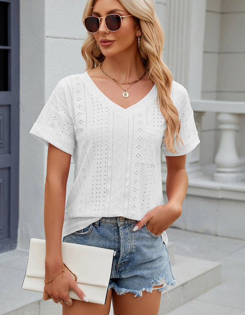 Load image into Gallery viewer, Eyelet V-Neck Short Sleeve T-Shirt
