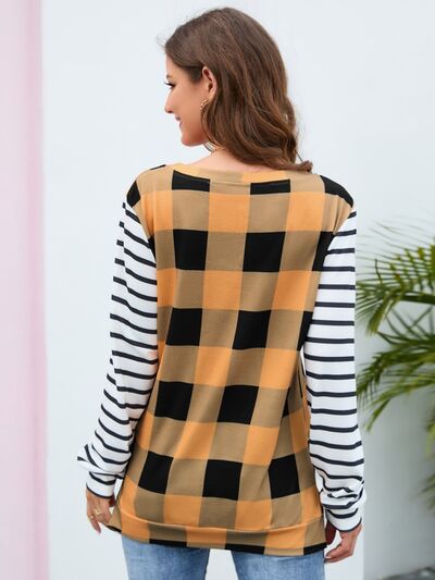 Load image into Gallery viewer, Plaid Striped Round Neck Long Sleeve T-Shirt
