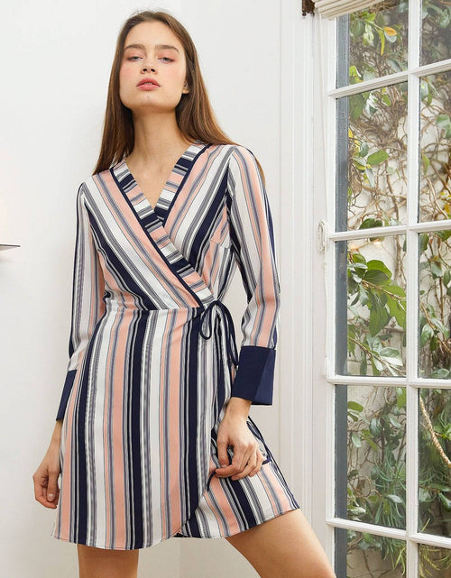 Load image into Gallery viewer, Women's Printed Wrap Dress With Cuff Binding in Multi Stripe by Shop at Konus
