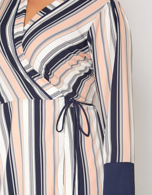 Load image into Gallery viewer, Women's Printed Wrap Dress With Cuff Binding in Multi Stripe by Shop at Konus
